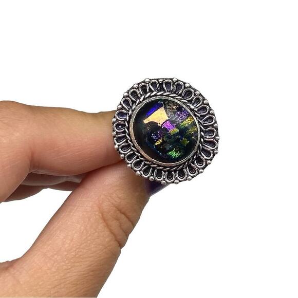 Dichroic Art Glass Ring Size 6.5 925 Sterling Silver Overlay Chunky Statement - Picture 4 of 6